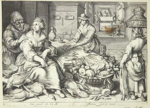 Keukenscène met een keukenmeid die gevogelte plukt door Jacob Matham