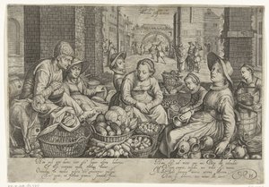 Marktscène met in de achtergrond de parabel van de arbeiders in de wijngaard, ca. 1600 door Jacob Matham