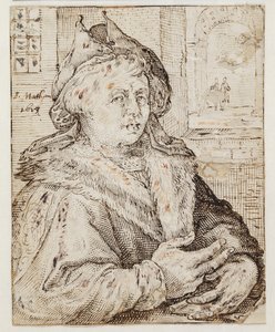 Portret van een man met muts en pelsomrande mantel, naar rechts gekeerd. Rechtsboven door een raamopening uitzicht op andere kamers door Jacob Matham