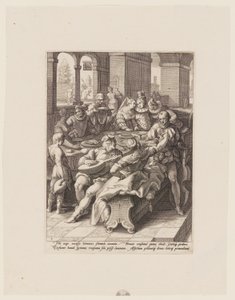 De verloren zoon feestend met hoeren, uit De geschiedenis van de verloren zoon door Jacob Matham