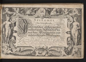 Titelprent met allegorische randlijst en gekalligrafeerde titel door Jacob Matham