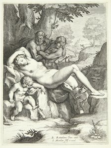 Venus en Amor slapen en worden bekeken door saters door Jacob Matham