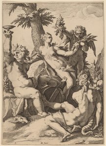 Venus, Bacchus en Ceres door Jacob Matham after Hendrik Goltzius