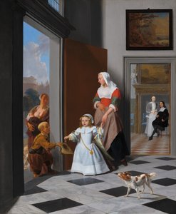 Een verpleegster en een kind in een elegante foyer