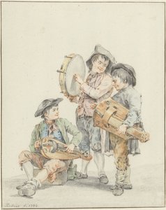 Drie jongens met muziekinstrumenten door Jacob Perkois