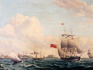 Schepen varen door de Sont tussen Zweden en Denemarken met Kasteel Kronborg op de achtergrond door Jacob Petersen