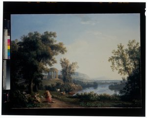 Een klassiek rivierlandschap door Jacob Philippe Hackert