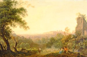 Een uitzicht op Rome met boeren en ruïnes