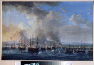 Russisch-Ottomaanse oorlog: De zeeslag bij Damietta in 1770 door Jacob Philippe Hackert