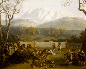 Winter: jacht in het Persano-reservaat door Jacob Philippe Hackert