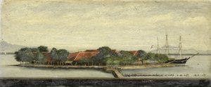 Gezicht op het eiland Kuiper in de baai van Batavia door Jacob Pieter Mercier