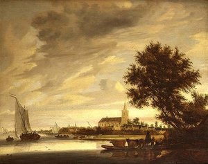 Een rivierlandschap met een veerboot op de voorgrond