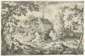 Hertenjacht bij een kapel door Jacob Savery (I)