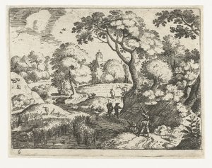 Landschap met reiziger en soldaten