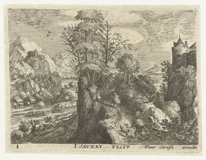 Landschap met reizigers op steile rots door Jacob Savery (I)