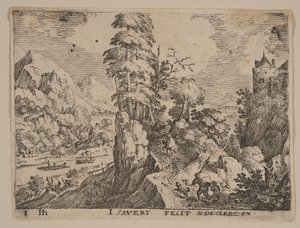 Pad met reizigers rechts van rivier, uit Landschappen door Jacob Savery I