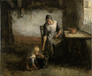 Vrouw die aardappelen schilt door Jacob Simon Hendrik Kever