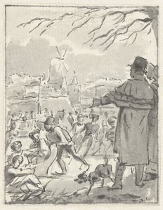 IJsvermaak op een stadsgracht bij een molen door Jacob Smies