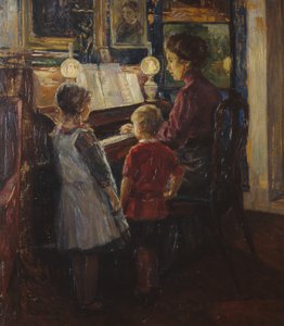 Vrouw en kinderen bij de piano
