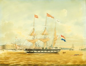 De Johan Melchior Kemper voor anker bij de haven van Rotterdam door Jacob Spin