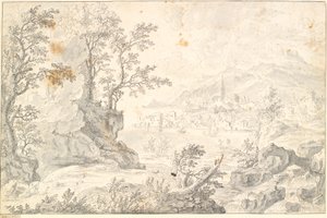 Landschap met een stad (Hamburg?) aan een meer of zeezicht door Jacob Stockmann