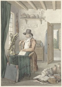 Portret van de kunstenaar Jacob Smies in een atelier met kunstvoorwerpen door Jacob Willemz. de Vos