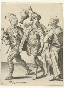 Drie gemaskerde figuren, één van hen met een bezem waarin kaarsen zijn gestoken door Jacob de Gheyn (II) (workshop of)