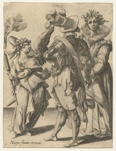 Een geblinddoekte Cupido met een fakkel voor een stel in feestelijke kledij