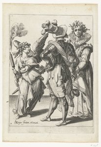 Een geblinddoekte Cupido met een fakkel voor een stel in feestelijke kledij door Jacob de Gheyn (II) (workshop of)