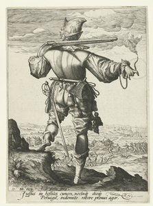 Musketier met helm op door Jacob de Gheyn (II)