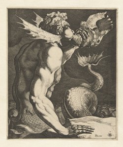 Een triton die op een schelp blaast