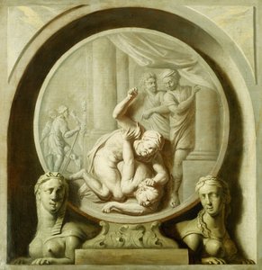 Een decoratief rondel met Odysseus die vecht tegen de bedelaar, en met sfinxen