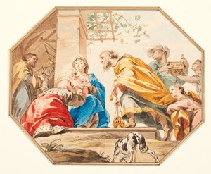 Aanbidding der Wijzen, ca. 1751 (grafiet, pen & bruine inkt, aquarel op papier, uitgesneden in een achthoek, met bruine inkt & wasranden) door Jacob de Wit