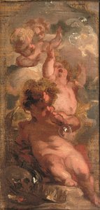 Een allegorie van Vanitas: Vier putti die bellen blazen, een schedel, een schilderspalet en een kroon in de buurt