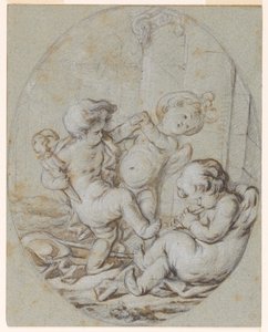 Drie putti: Ontwerp voor een grisaille schilderij door Jacob de Wit