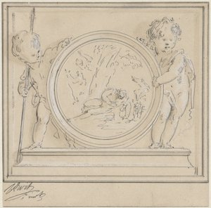 Twee putti met medaillon, waarin Narcissus en Echo door Jacob de Wit
