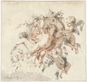 Zwevende cherubijnen met een bloemenmand