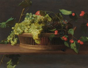 Een mandje druiven en frambozen op een richel door Jacob Van Es