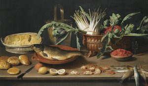 Stilleven met een vis op een terracotta bord, trossen asperges, artisjokken en kersen in een geschulpte schaal, samen met een halve kaas in een mand, broodjes, fraises de bois, citroenen, sinaasappels en krabben allemaal gerangschikt op een tafelblad door Jacob Van Es