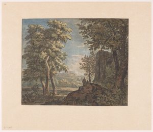 Arcadisch landschap met antiek bouwval en twee mannen door Jacob van Liender