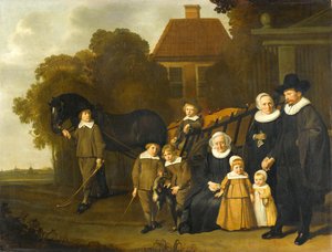 Groepsportret van de familie Meebeeck Cruywagen bij de poort van hun buitenhuis aan de Uitweg bij Amsterdam