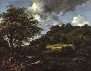 Een heuvelachtig landschap met hoge eiken door Jacob van Ruisdael