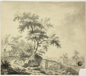 Landschap met Boom op Weg naar Gebouwen door Jacob van Ruisdael
