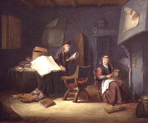 Interieur met een geleerde en een oude vrouw die spint door Jacob van Spreeuwen