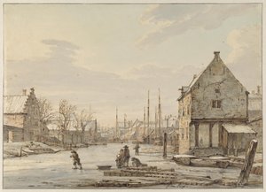 Gezicht aan de stadswal te Dordrecht bij winter door Jacob van Strij