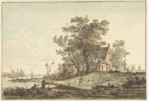 Oude boerderij aan een rivier door Jacob van Strij