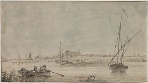 Uitzicht op Dordrecht vanaf de rivier door Jacob van Strij