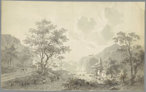 Watervalletje bij een meer in een berglandschap