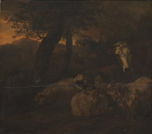 Kudde schapen in een bos door Jacob van der Does d.Æ.