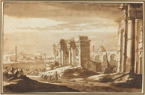 Een Capriccio Uitzicht op Romeinse Ruïnes langs de Tiber door Jacob van der Ulft